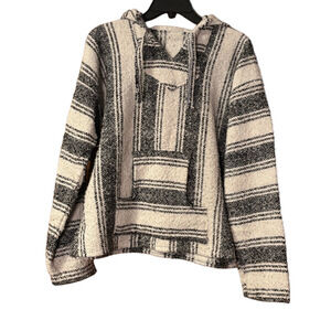 Unisex Baja Hoodie Pullover Sweater Black White Striped Mexican Style Boho Surf